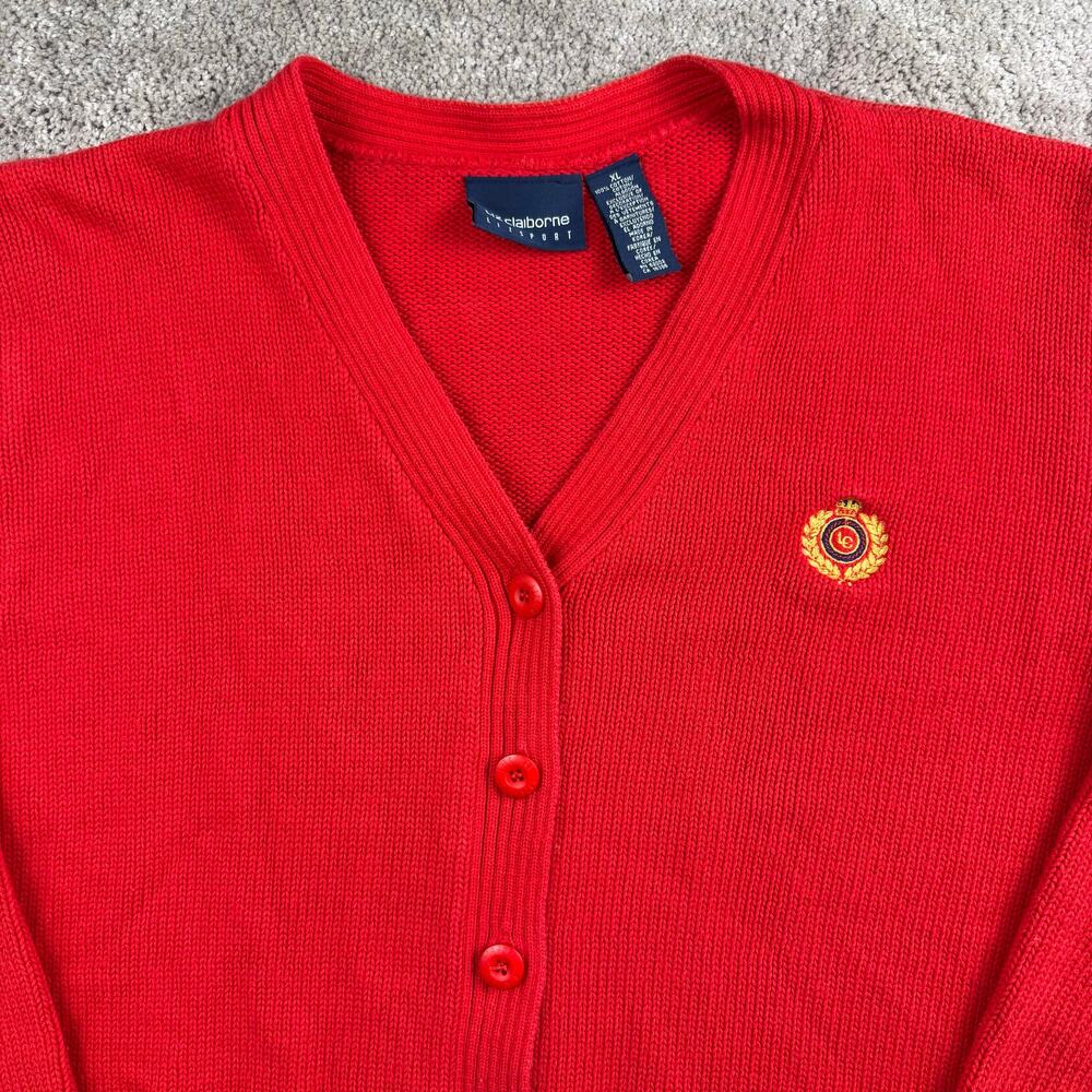 Liz Claiborne LizSport Size XL Red Cardigan Sweater Varsity Stripe Crest Y2K - Picture 2 of 7